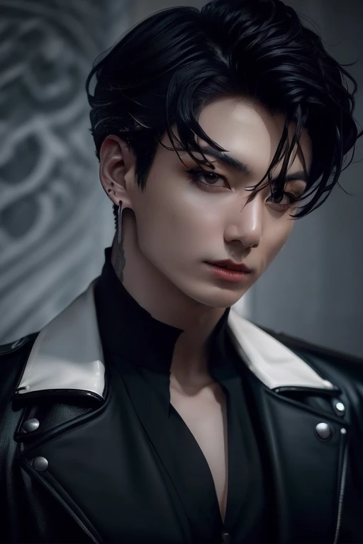lungkook, a vampire very handsome, slim, masculine body, detailed face, detailed body, wearing a black suite, blood, black hair, earrings, the background old castle,