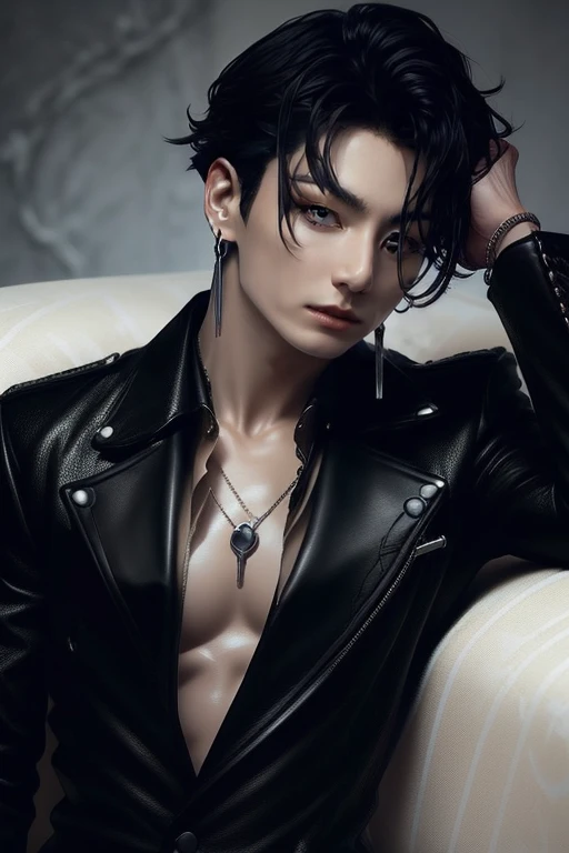lungkook, a vampire very handsome, slim, masculine body, detailed face, detailed body, wearing a black suite, blood, black hair, earrings, the background old castle,