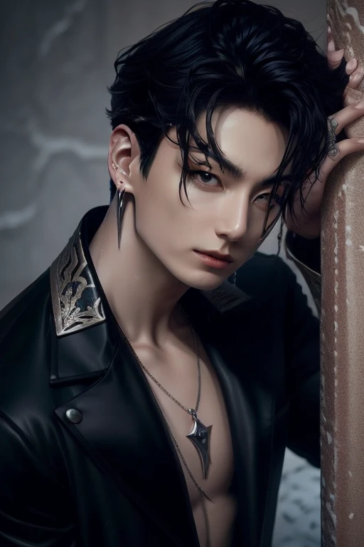 lungkook, a vampire very handsome, slim, masculine body, detailed face, detailed body, wearing a black suite, blood, black hair, earrings, the background old castle,