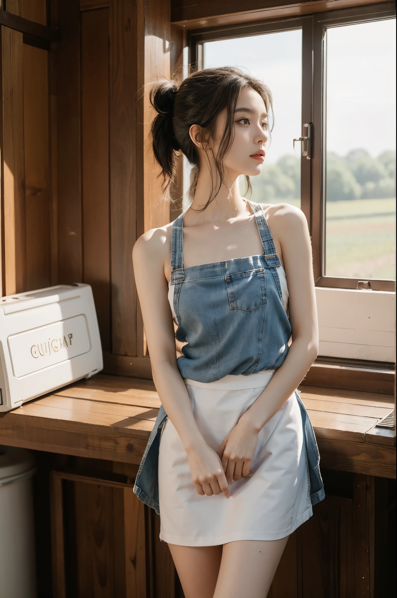 group photo of a girl and a huge pig,stood in the middle of a pig farm,short ponytail,bare shoulders,flat chests,torn apron,arms behind back,slender legs,realistic scenery,photography carnival,wildlife photography,aurora punk,animal and human styles,upper body,indoor