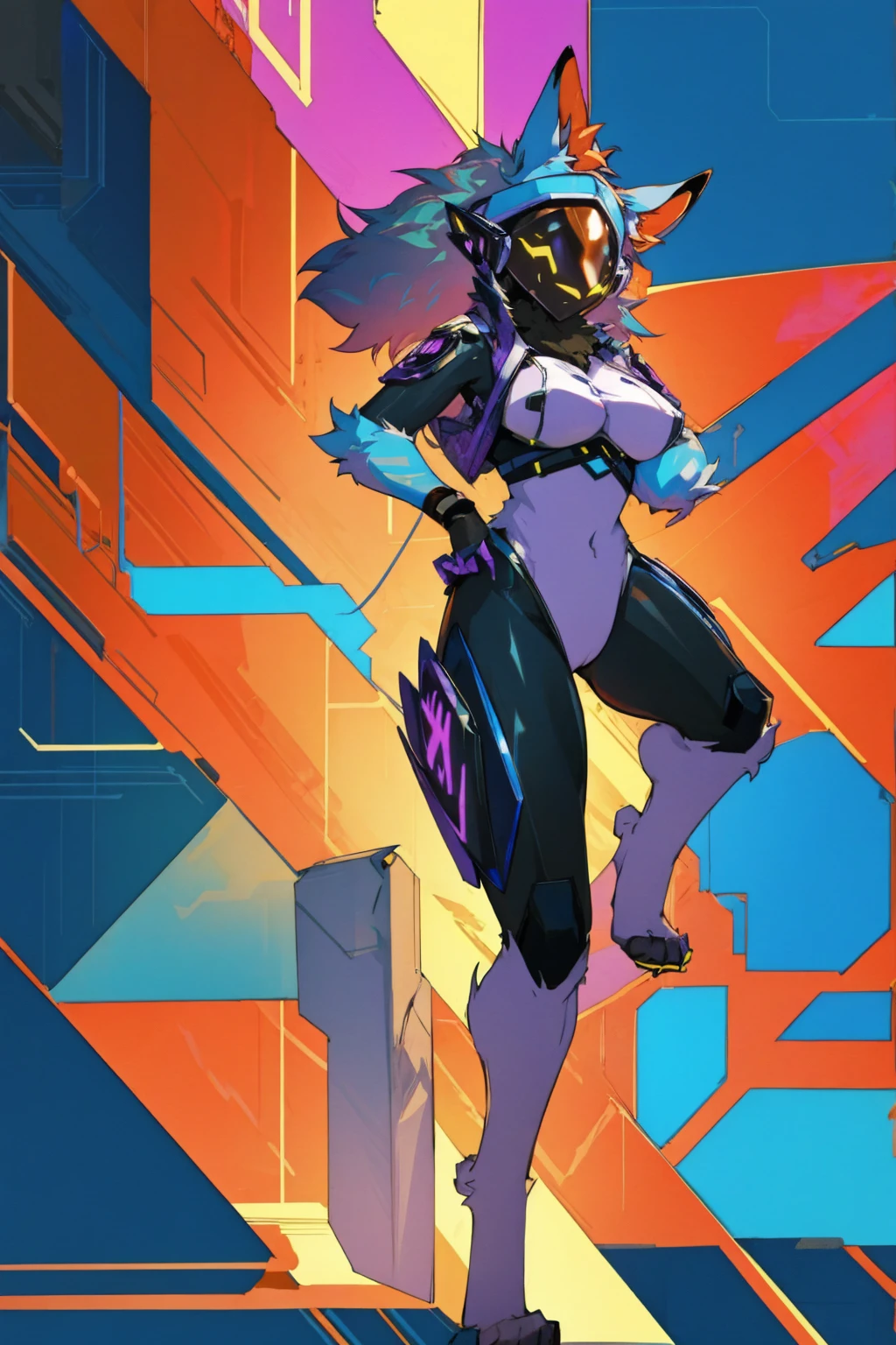 Protogen Cyberpunk style furry Big Breast Breast expansion concert full-body shot illustration, ultra-detailed, HDR, vibrant colors, soft lighting high quality and super detailed

