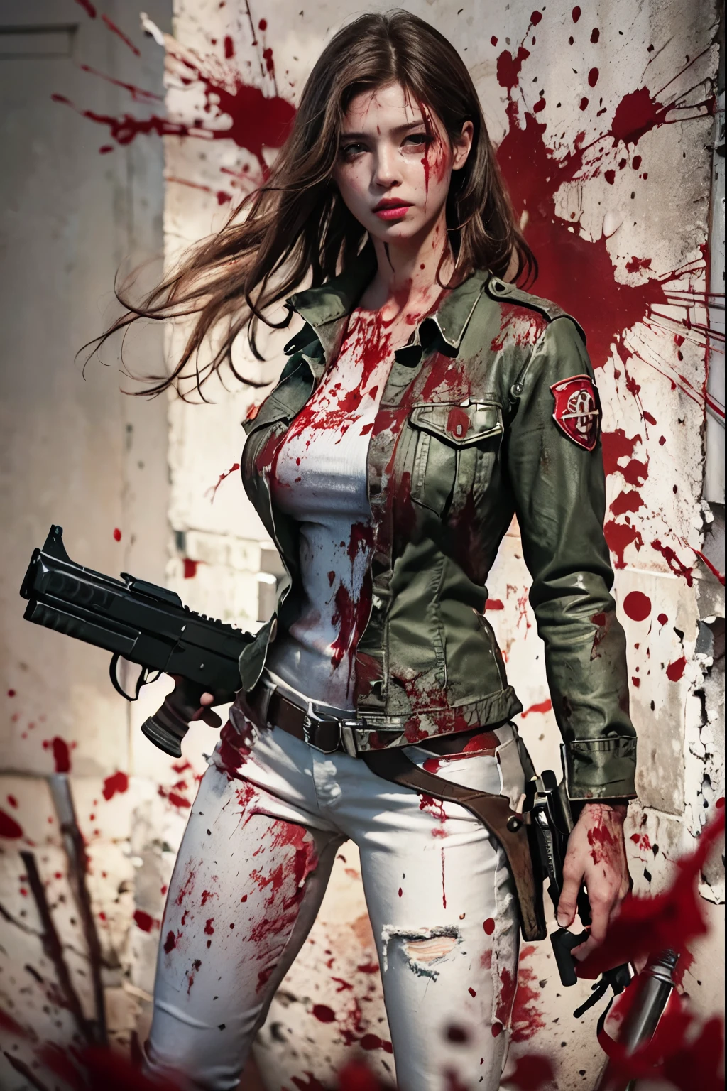 Resident Evil, Linda Claire Redfield, Recrie a arma em detalhes、Rosto elaborado、Melhores belezas、Standing with long legs open、pernas de beleza、White jeans stained with blood and mud、jaqueta de couro、Segurando uma arma、Fotos animadas、Camiseta branca manchada de suor e lama、camisa apertada manchada de sangue、In the dark ruins、((The sound of blood spatter after being shot、cair、Feridos fatalmente、intenso tiroteio、contra-ataque com metralhadora、Atire ao redor、cair coberto de sangue))