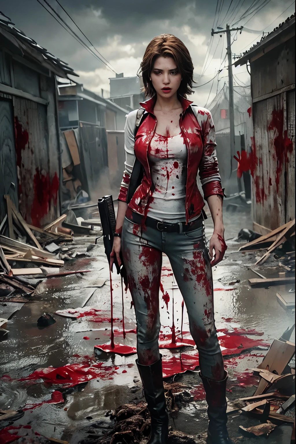 "((Masterpiece, top quality, high resolution, highly detailed CG unified 8K wallpaper, photorealistic, Raw photo, 8K)),  heavy breasted  girl in  chaotic city street wearing nurse uniform with big cleavage,and blooded body, during a zombie outbreak, inspired by Resident Evil. Infected zombies roam the streets, attacking civilians as buildings burn in the background. A lone survivor, heavily armed, stands ready with a grim expression, aiming at the approaching horde. The scene is intense and terrifying, with flickering streetlights and shadows creating a suspenseful atmosphere. High resolution, 8K."