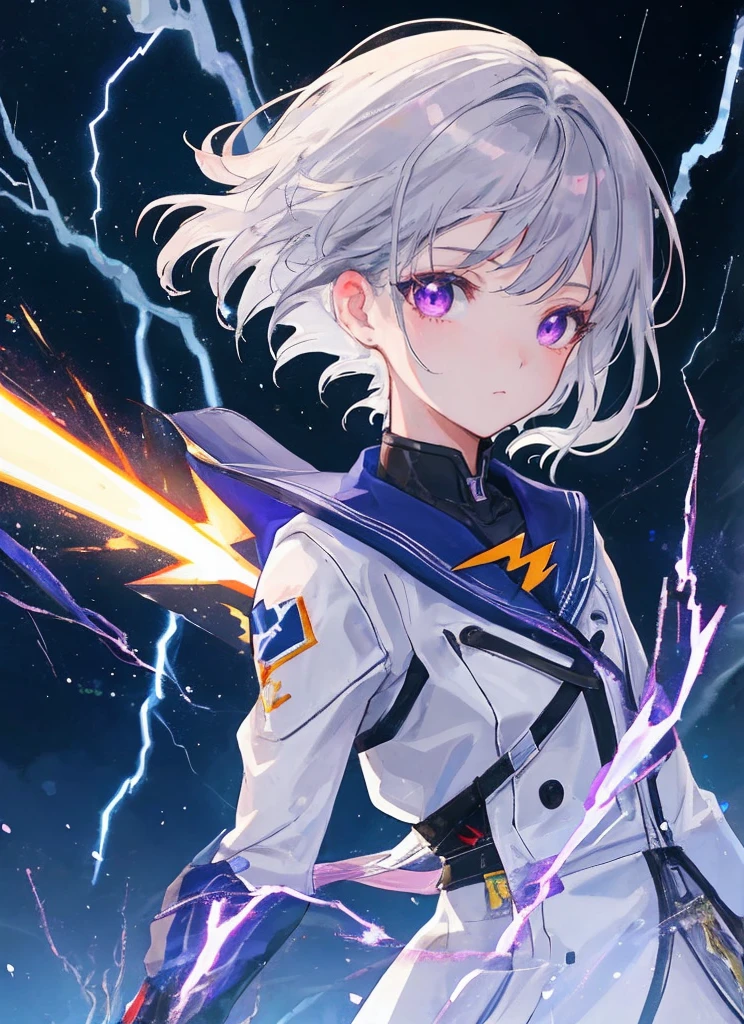 woman, (masterpiece), highest quality, High resolution, 4K, 8k, Intricate details, Cinema Lighting, Great quality, Great shade, Soft lighting, Detail view, Official Artwork, Anime Style, wallpaper, Official Art, One girl, Compact body, Purple eyes, Steel grey hair, Surrounded by lightning, Emitted light, Lightning Eye, Glowing particles, At night, Shrouded in darkness, Stormy Skies, whole body, Levitation, Surrounded by sparks,Lightning logo,Lightning logo