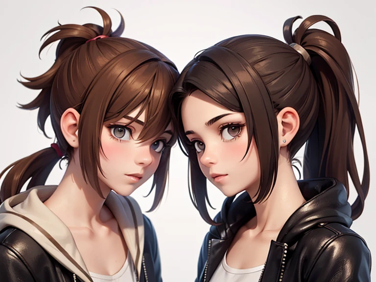 Two characters in a scene boy and girl (absolutely identical twins brother and sister), The first character is a handsome effeminate gay boy with beautiful girlish features, with semi-long brown hair tied in a ponytail, women's blouse and trousers, Brown eyes, and the second character is a feminist girl with aesthetic small breasts with beautiful erect nipples, with very tousled shaggy semi-long brown hair, hair between the eyes, Brown eyes, beautiful face, an athlete with well-developed proportional muscles, in a silk translucent loose T-shirt and jeans, talk to each other, different emotions, free pose, free interaction with each other, White background, стиль мультфильма Disney Pixar