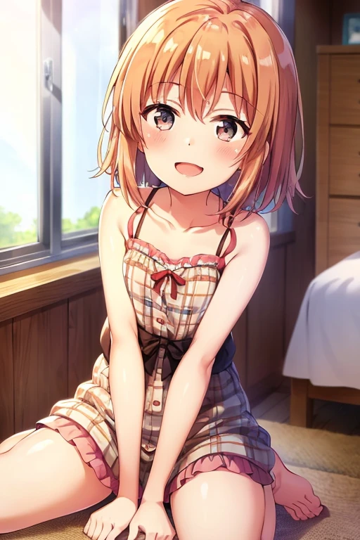 ((highest quality)), ((masterpiece)), (be familiar with), Perfect Face, indoor, Bedroom, Watching the audience,
One woman, Yuigahama Yui,
Open Mouth, Ecstatic expression, blush, smile,
Small breasts, Flat Chest, Young Girl, , , Girl,
Short Hair, Salmon-colored hair, Salmon-colored eyes, Side Pony,
Leg spread,