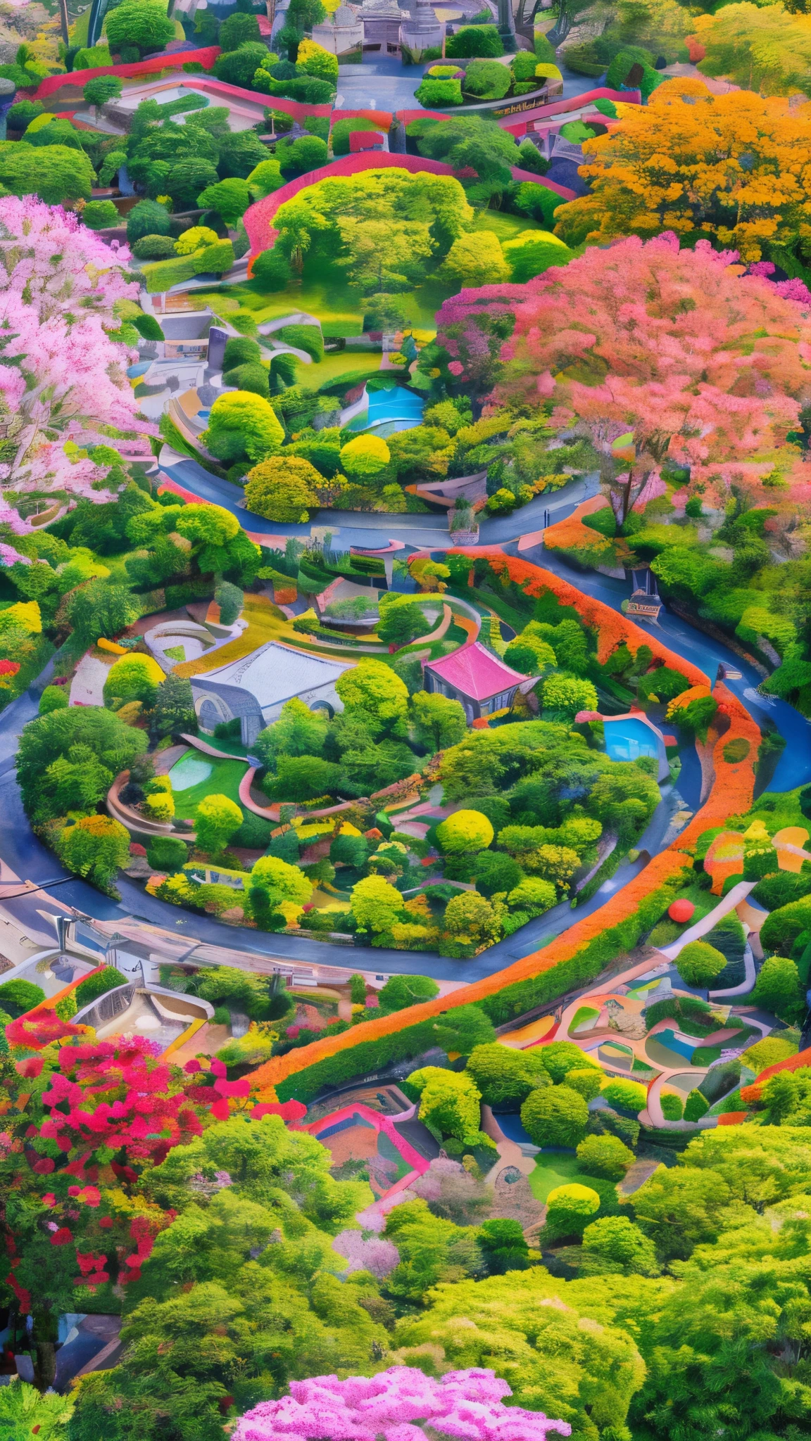 High-definition images reminiscent of a scene from a movie、The video shows an aerial shot of the Daisenryo Tomb in the Osaka Tomb Complex.。This panoramic shot、The focus is on monopoly、Vibrant floral watercolor background、Showcasing the tomb&#39;s intricate architectural details。