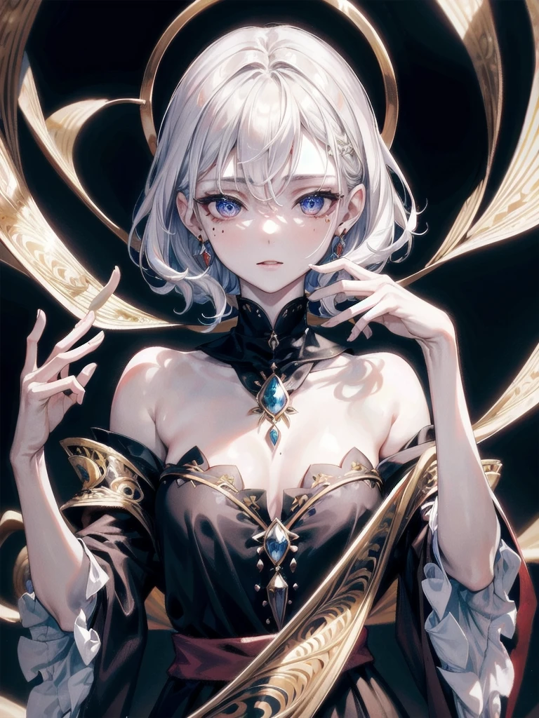 whole body, traditional witch outfit, absurdres, RAW photo, extremely delicate and beautiful, masterpiece, Best Quality, ultra high resolution, 32k, hyperrealistic, ultra-detailed, perfect figure, detailed description, pale skin, 20 years old, tearful mole, earring, short medium hair, wavy hair,