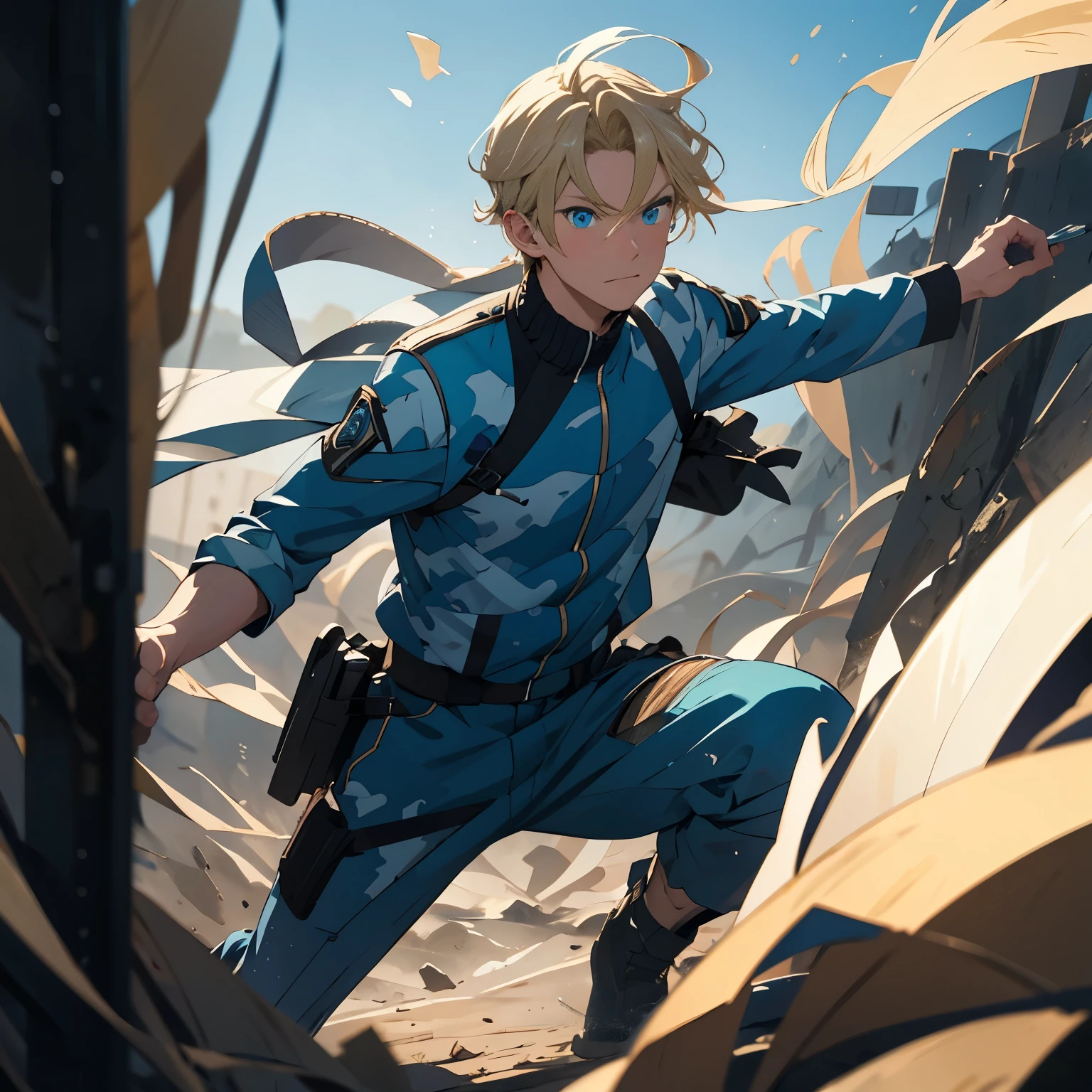masterpiece, best quality, , 1guy, solo, male focus, looking at viewer, Full body, depth of field, anime coloring, realistic photo, blonde hair, aqua Blue eyes, camo Millitary Clothes, 
