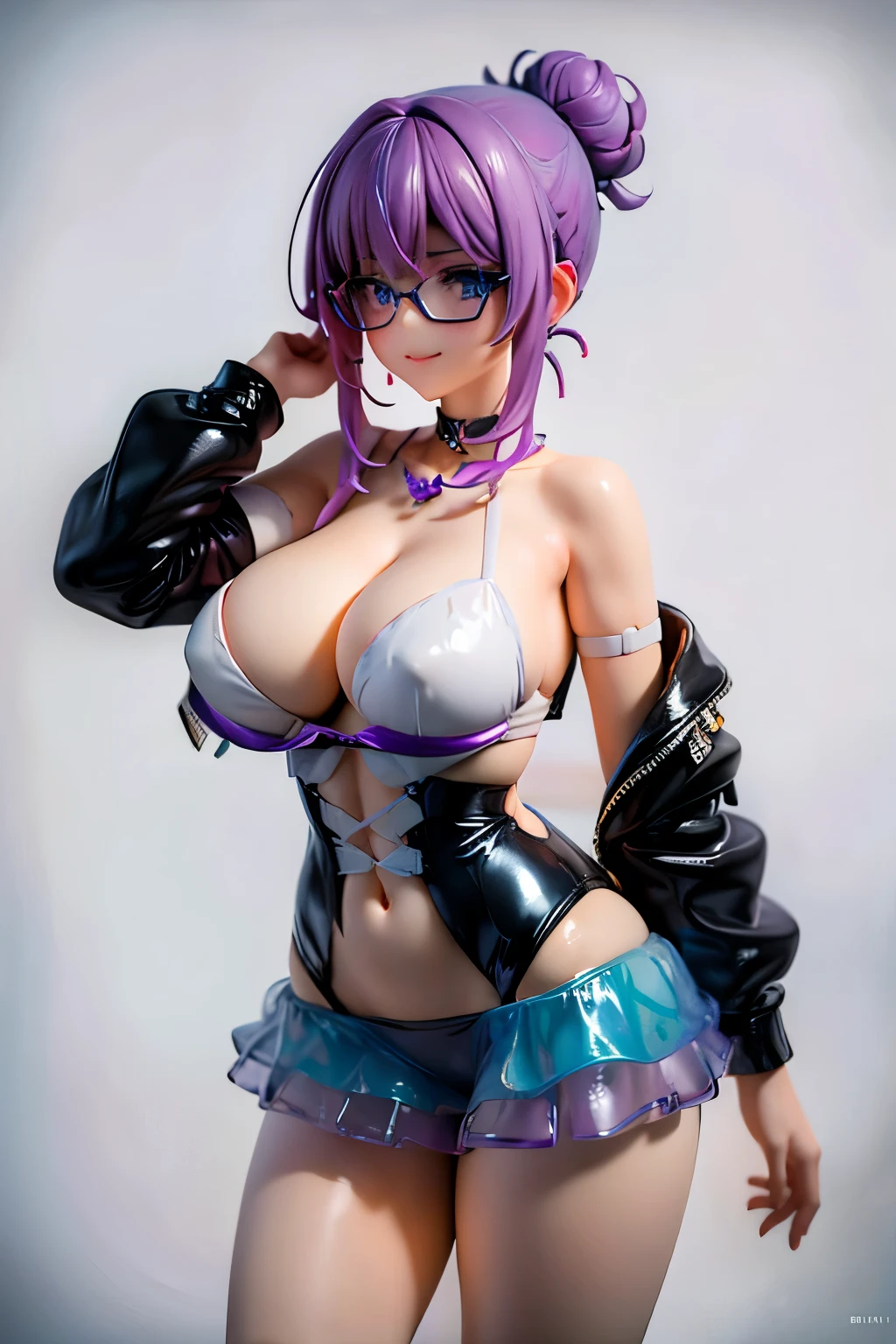 Beautiful ager, 1girl, purple hair, messy bun hairstyle, blue eyes, freckles on face, happy, smiling, thin frame eyeglasses, thick lips, full lips, huge breasts, extreme cleavage, deep cleavage, very thin body, strapless dress, deep v neckline, high heels, diamond necklace, perfect anatomy, ultra-detailed, 4k, 8k, best quality, masterpiece, model, modeling, posing for camera, detailed background