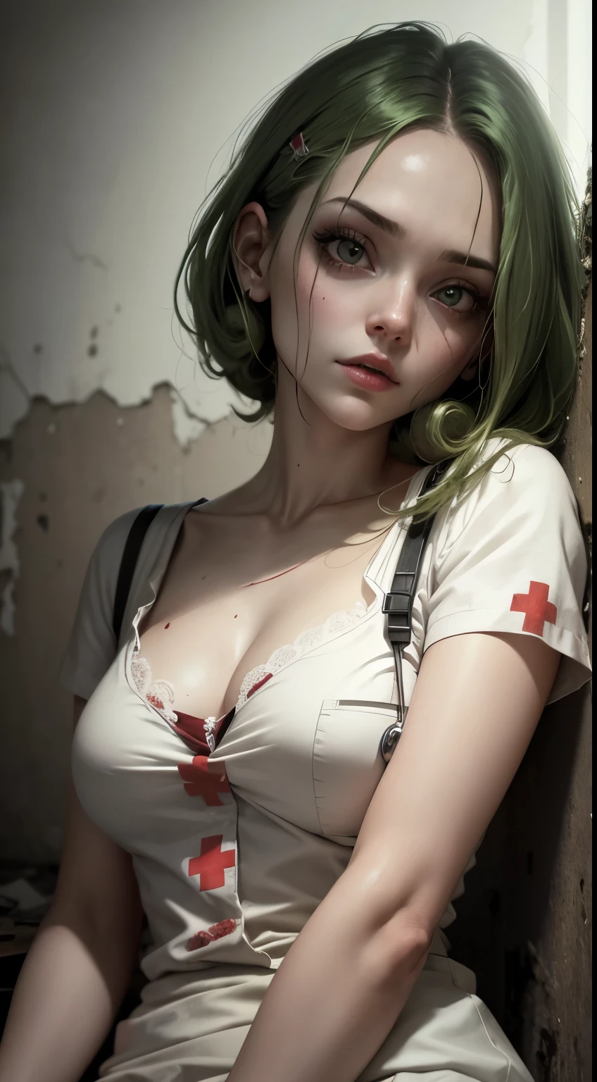 Obra de arte, realista, Illustration of a cute zombie nurse, com cabelo comprido, olhos verdes, pale skin lying in front of an abandoned hospital