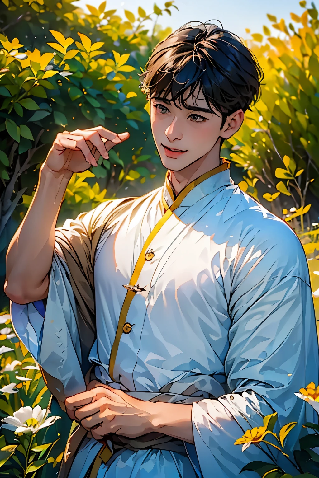 (in 8K、top-quality、masterpiece:1.2)、1 boy、short-haired、Hair short、Brown-skinned、Green View、