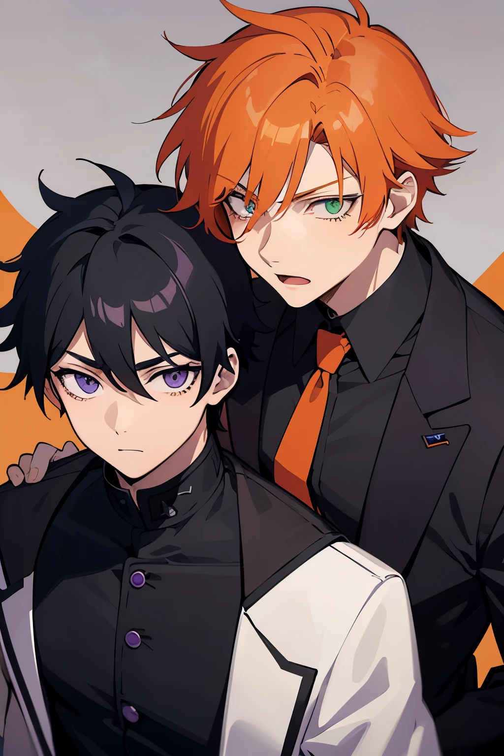 2boys, anime boy, orange haired boy with purple eyes facing back, another boy with black hair and green eyes facing front behind the orange haired boy with a sinister expression, both are wearing black suits, orange haired boy with purple eyes, black hair boy with green eyes, behind, facing back, turned around, 