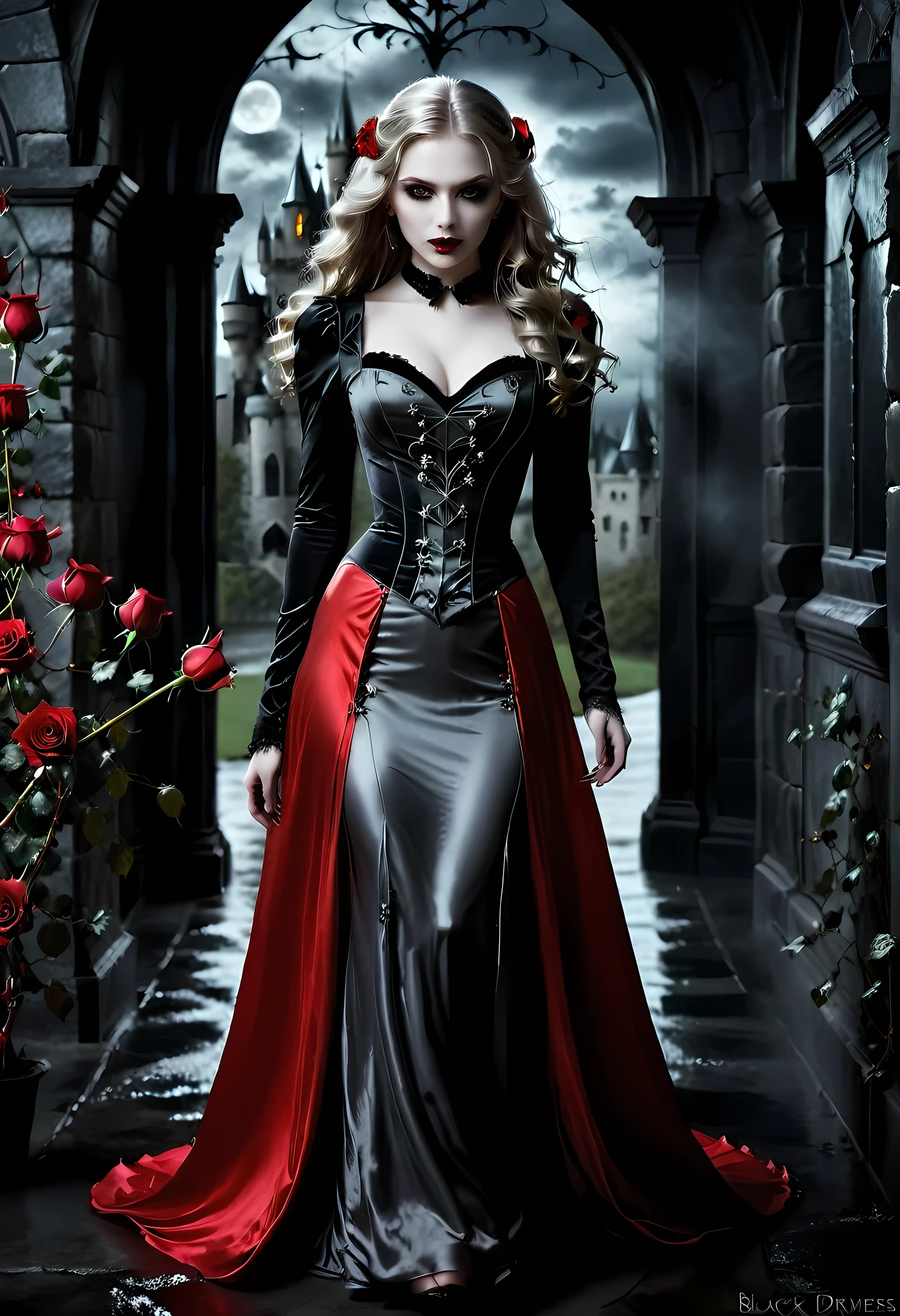 Dark fantasy art, fantasy art, goth art,  a picture of a female vampire, exquisite beauty, full body shot, dark glamour shot,  pale white skin, dark blond hair, long hair, wavy hair, (glowing grey: 1.3) eyes,  she  wears a (red: 1.3) red dress, ArmoredDress, the roses are imprinted on the dress (black: 1.4)  black roses betmd, high heells, dark castle porchm, dark, black and color