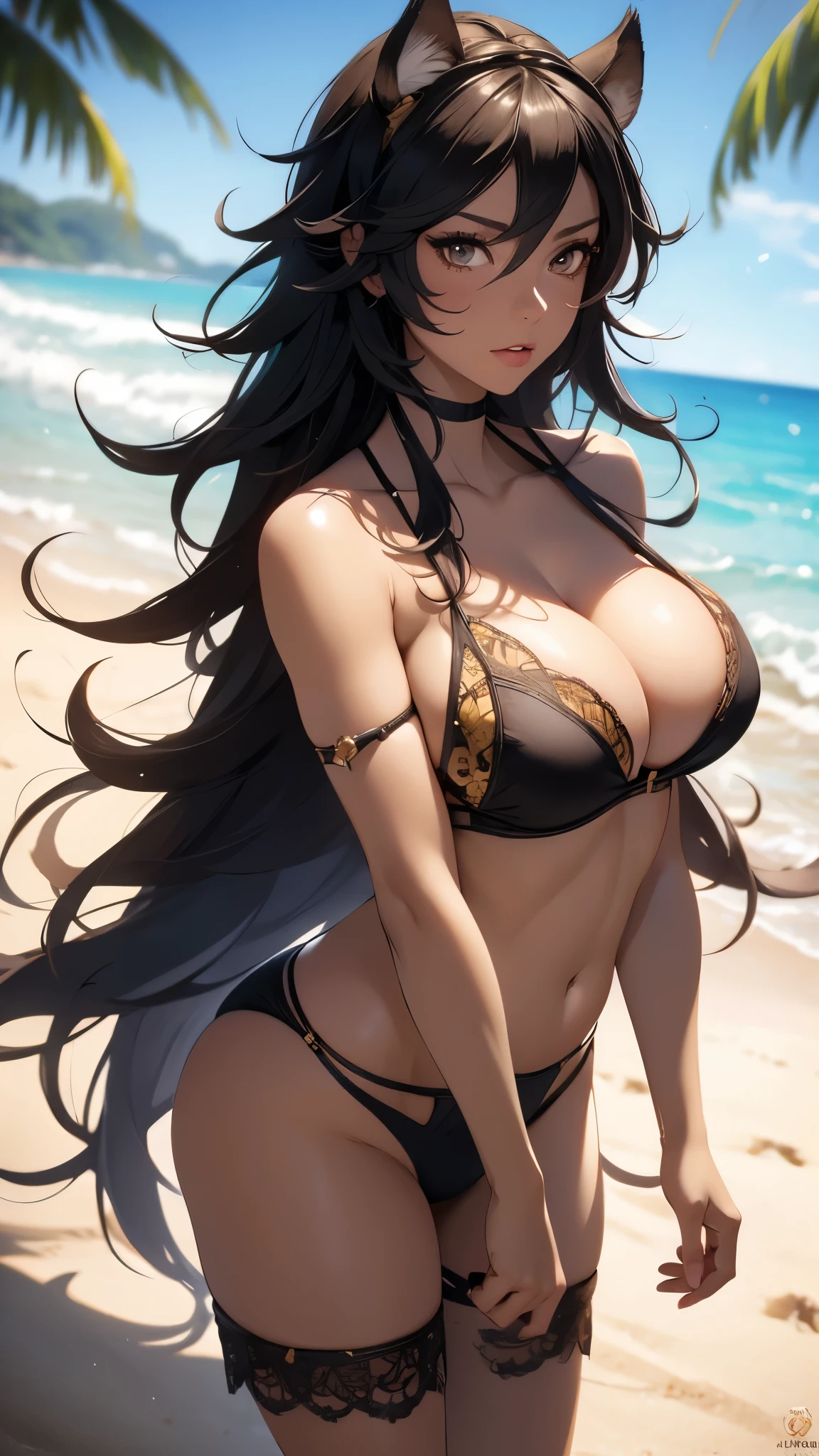 Yoruichi, nue (huge ????), brown skin, yeux jaune, Haut du corps, abdos, symmetrical round ???????, deserted beach, gros seins, gigantesque seins, 4K ultra UHD, mains parfaites, cing doigts, yeux parfaits, ?????? dentelle rouge