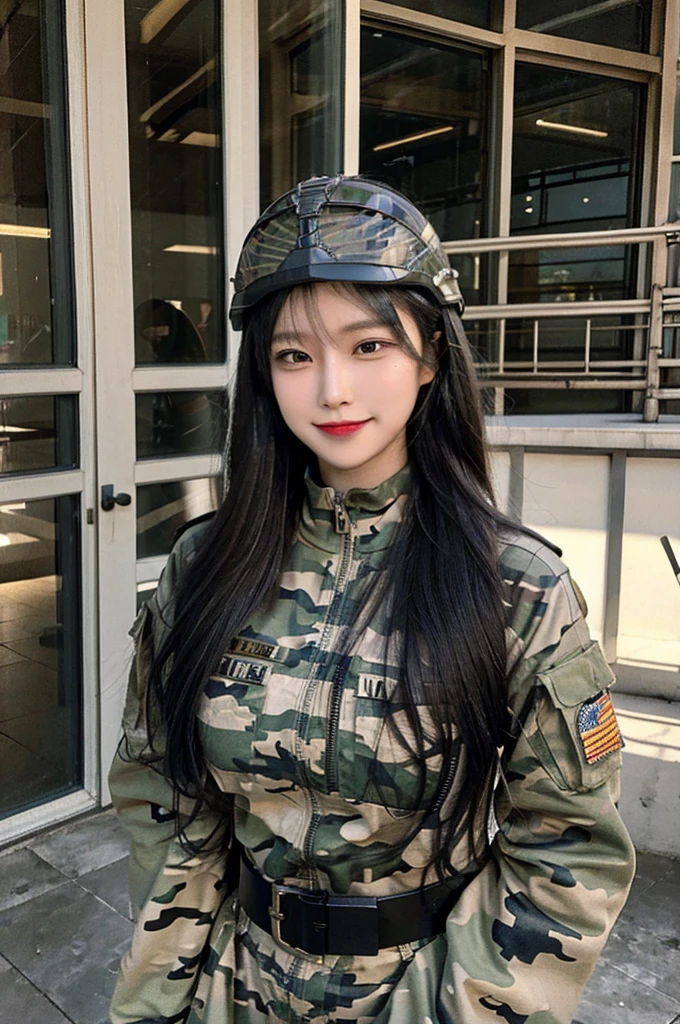 1woman, camo military suit, steel belt, logo, military helmet, she grip assault ak74, smile,