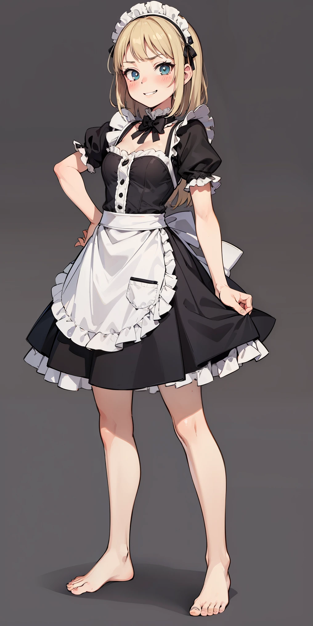 1girl, cute, ((Short black hair girl and long blonde hair girl)), maid victorian, maid apron, straight face, dazed, Body position: Standing, straight, symmetrical, barefoot, Lustful smile on face with red blush,