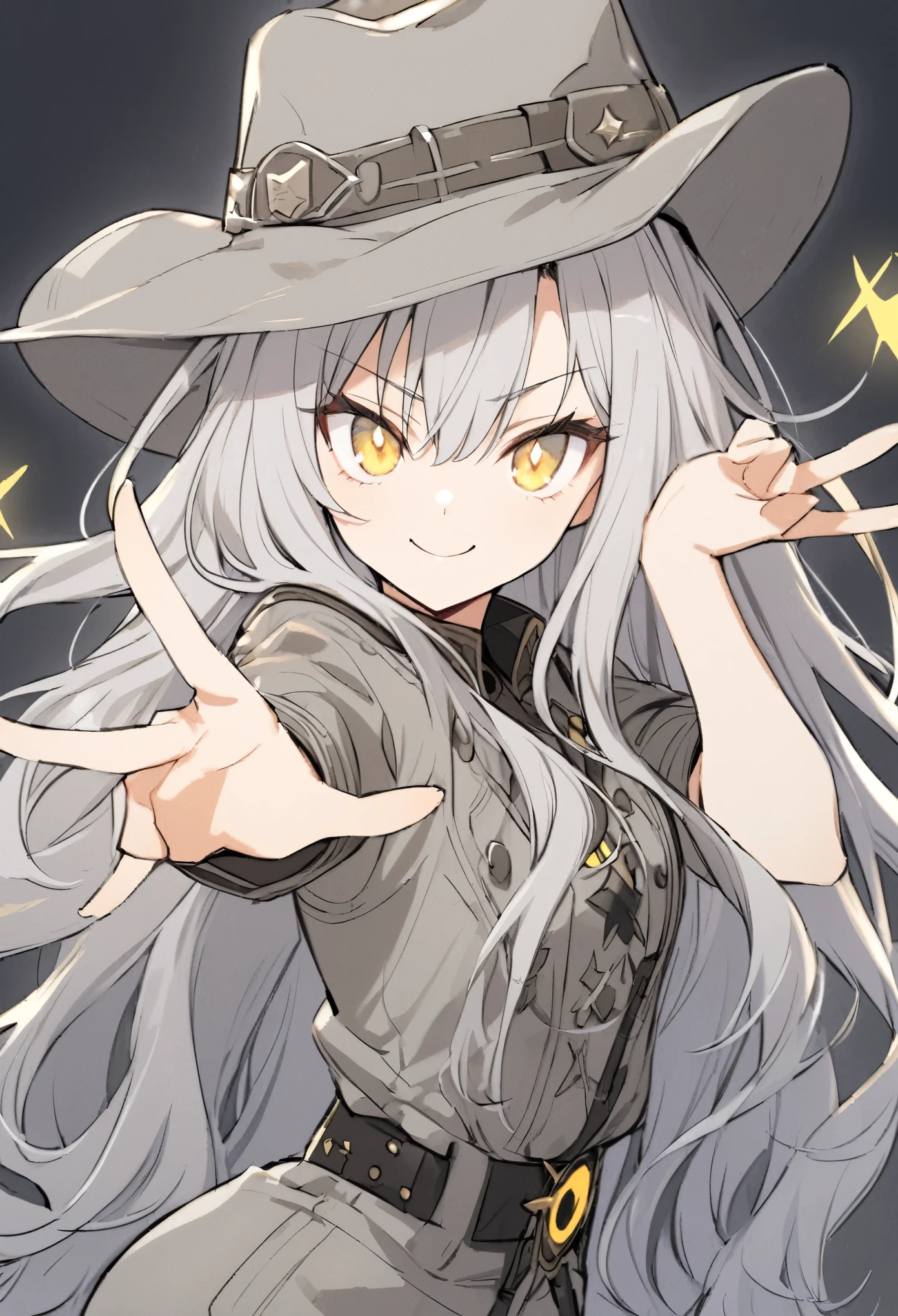 Gray cowboy outfit、Gray cowboy hat、girl、Long Hair、Gray Hair、Yellow Eyes、Wink、Star mark、Cool pose、Glowing