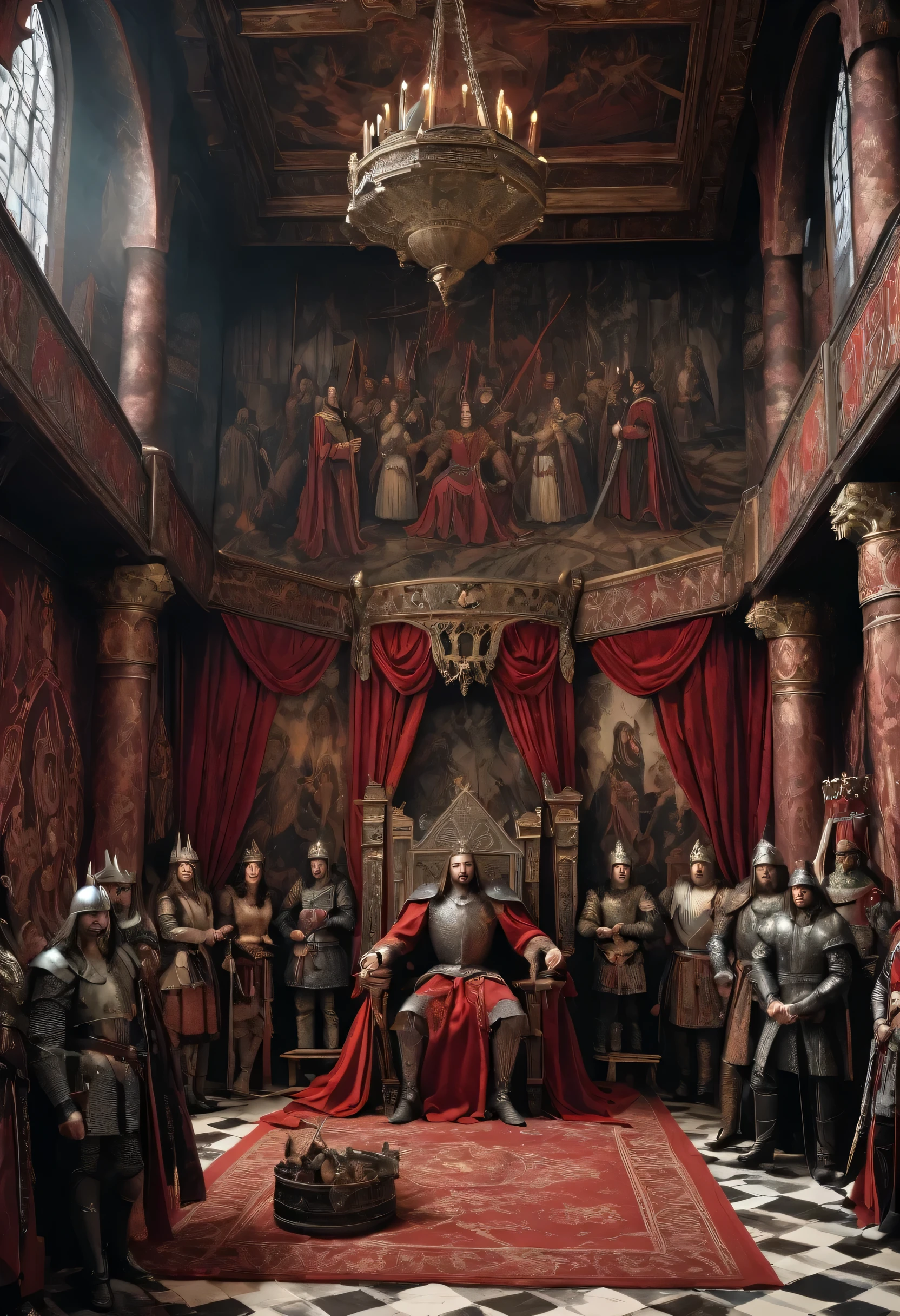 Detailed scene of Vlad the Impaler's court, showcasing the mix of savagery and strategic genius. The setting includes a throne room with detailed tapestries, armor, and Vlad's advisors discussing plans. --ar 9:16 --quality 5 --style regal --background throne room --mood strategic --details tapestries, armor