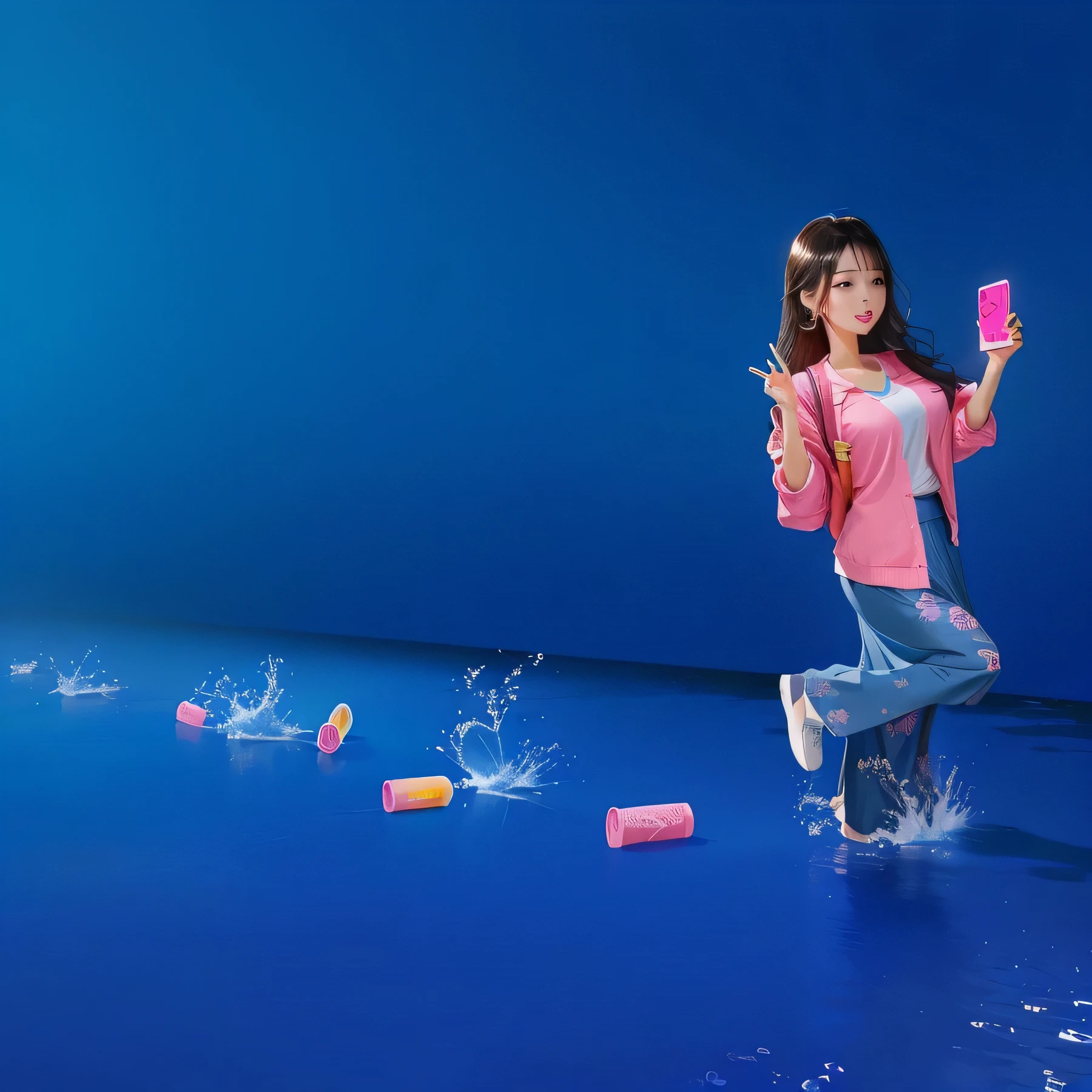 arafed woman in a pink shirt and blue skirt holding a cell phone, promotional render, promo image, toy commercial photo, promotional images, advertising photo, promotional art, coka-cola advertisement, ji-min, promotional image, promo still, krystal, lu ji, blue and pink colour splash, inspired by Kim Jeong-hui, promotional still, lulu chen,match color, water shadow, beautiful color,more brightness behind her, cute girl.