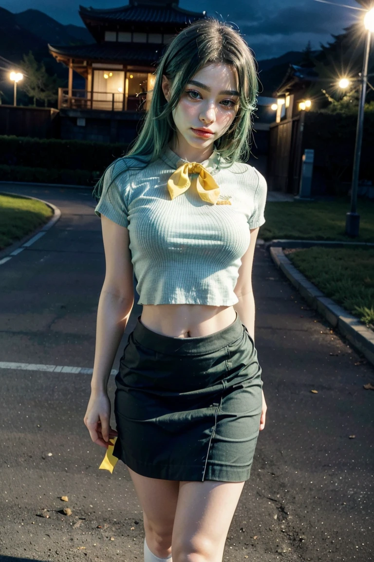 1girl, tarankaaa, standing position, perfect body, best quality, 32k, photograph, full body (head to toe), tone mapping, Sonozaki Shion, ((Sonozaki Shion, green hair, green eyes, long hair)), ((yellow ribbon, white shirt, blue necktie, blue skirt, black kneehighs)), asian-european, green hair, green painted hair, greenhaired, full color green hair, long hair, perfectly drawn hands, ((masterpiece)), ((highres)), ((detailed background)), japanese village background, nexto to a temple, ((fit girl)), cute pose, smiling, ((perfect eyes, detailed eyes, realistic eyes)), ((sharp face, detailed face, realistic face, naturtal skin, realistic skin, detailed skin, pores)), (amazingly attractive body, perfect shape body, athletic body, strong body, fit body)