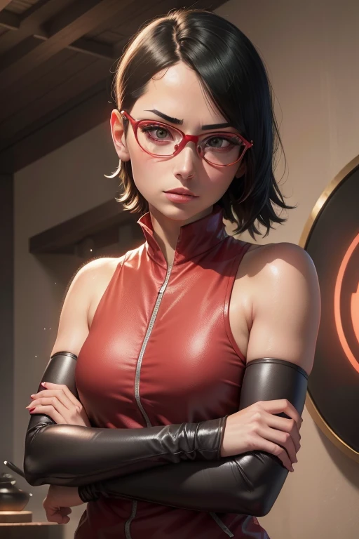 (highres,masterpiece:1.2),ultra-detailed,realistic,professional,beautiful detailed eyes,beautiful detailed lips,dark hair,short black hair,red glasses,stunning black eyes,clear skin,18-year-old girl,fashionable short hairstyle,vibrant red glasses,Shinobi Academy,fierce determination,confident posture,crimson outfit,intense gaze,background filled with ninjutsu techniques,shadows cleverly accentuating her features,subtle studio lighting,sublime realism,striking color tones