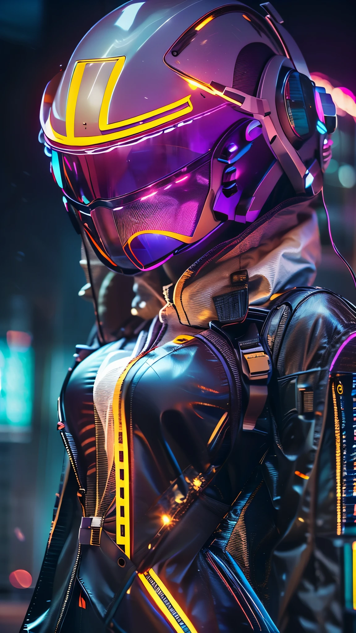 (good structure),high dynamic range,ultra high definition,8k,1 girl,blurred background,cyberpunk protective clothing,cyberpunk protective helmet,Glowing helmet,Neon lamp,neon color,oblique body,night,Mask screen reflections,depth of field,Upper body,cyberpunk,ground vehicle,lamp,neon lamp,pilot suit,alone
