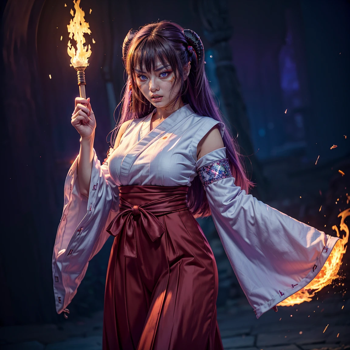 ultra-detailed, Explicit, Beautiful body, Beautiful Nose, Beautiful character design, perfect eyes, perfect face, ultra highres, 4K, beautiful legs, perfect legs, Nice hands, Perfect hand, Masterpiece, Best Quality, Highly detailed, illustration, absurdres, perfect anatomy, (angry face), glowing eyes, looking at viewer, mystic aura, female priestess, full body, goddess-like, mystic trance, perfect female body, (angry stare, japanese clothes, miko, detached sleeves, hakama, hakama skirt, red hakama, ribbon-trimmed sleeves, (serious stare), fire in her eyes (mystic fire in her eyes), horns, extending the right arm from the shoulder into the air with a straightened hand, 1girl, hair ornaments, purple hair, long hair, purple eyes with fire, (((pixel-perfect, detail-perfect))), solo, 1girl, Hanyuu, higurashi when they cry, umineko when they cry, medium sized natural breasts, furious face, extremely angry facial expression