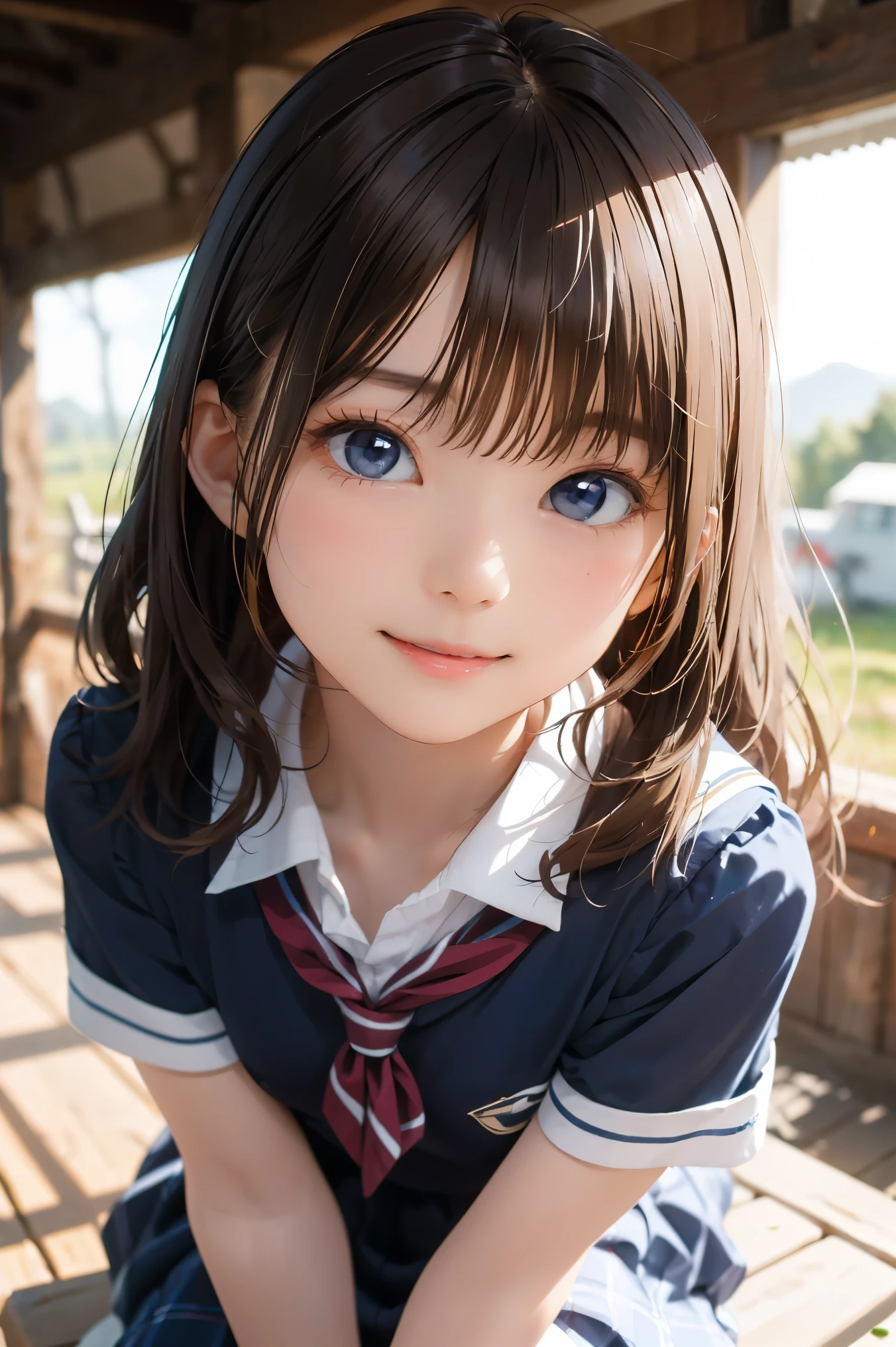 masterpiece,8k, (highest quality), (Best Shadow),((rural area)),Dynamic Lighting, (Maximum resolution), (smile),Backlight,Highly detailed face and skin texture, Delicate eyes, Dark blue eyes, double eyelid, Natural Cheeks, White skin: 1.2, (Glossy lips: 1.4),(pretty girl:1.3),(19 years old), (Wavy long hair), ((Blonde:1.2)),((school uniform)),huga breasts,cameltoe,thigh,white panties