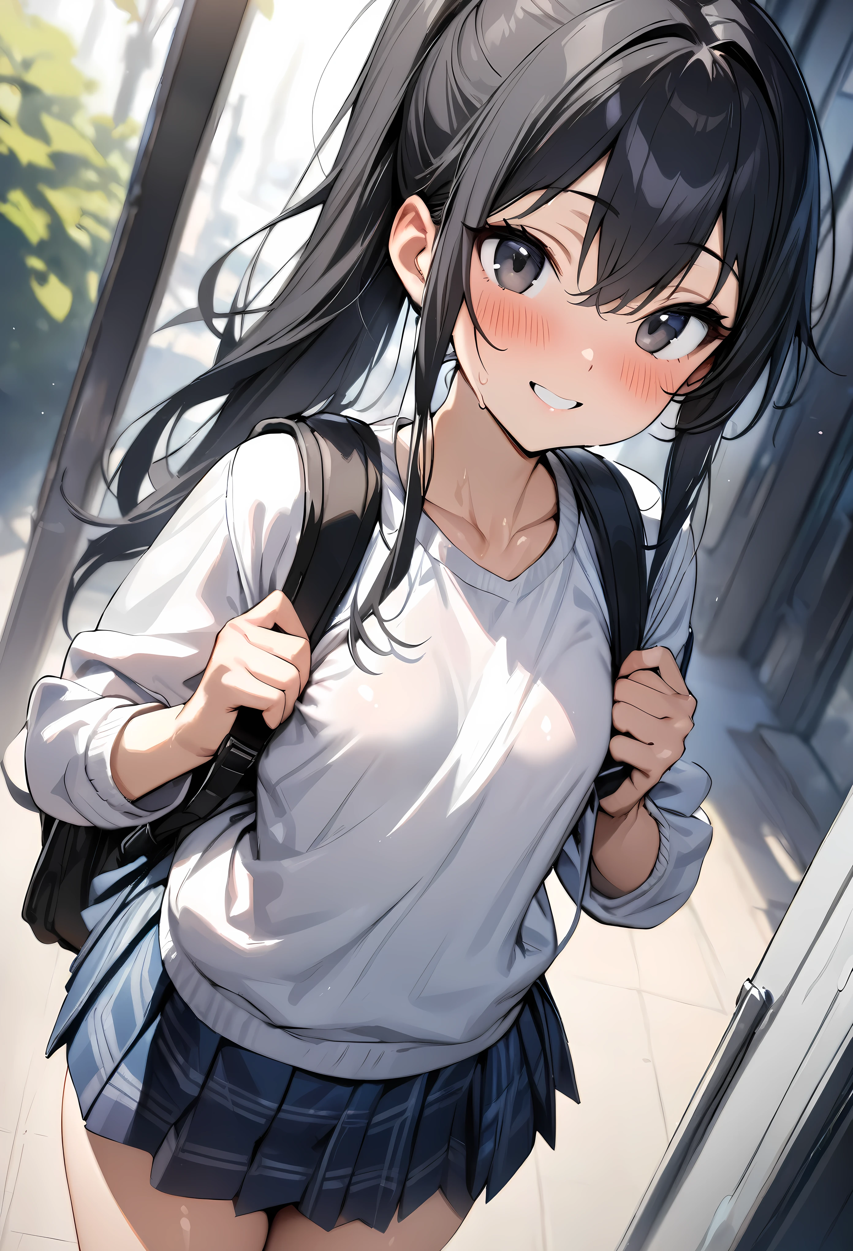 (((masterpiece, highest quality:1.2))),14 year old beautiful girl,solo,black hair,long ponytail hair,black eyes,big eyes,blunt,skinny,small breasts,shiny skin,oily skin,blush,smile,White sweatshirt、Pleated mini skirt with navy blue check pattern、rucksack、Going to school、morning、