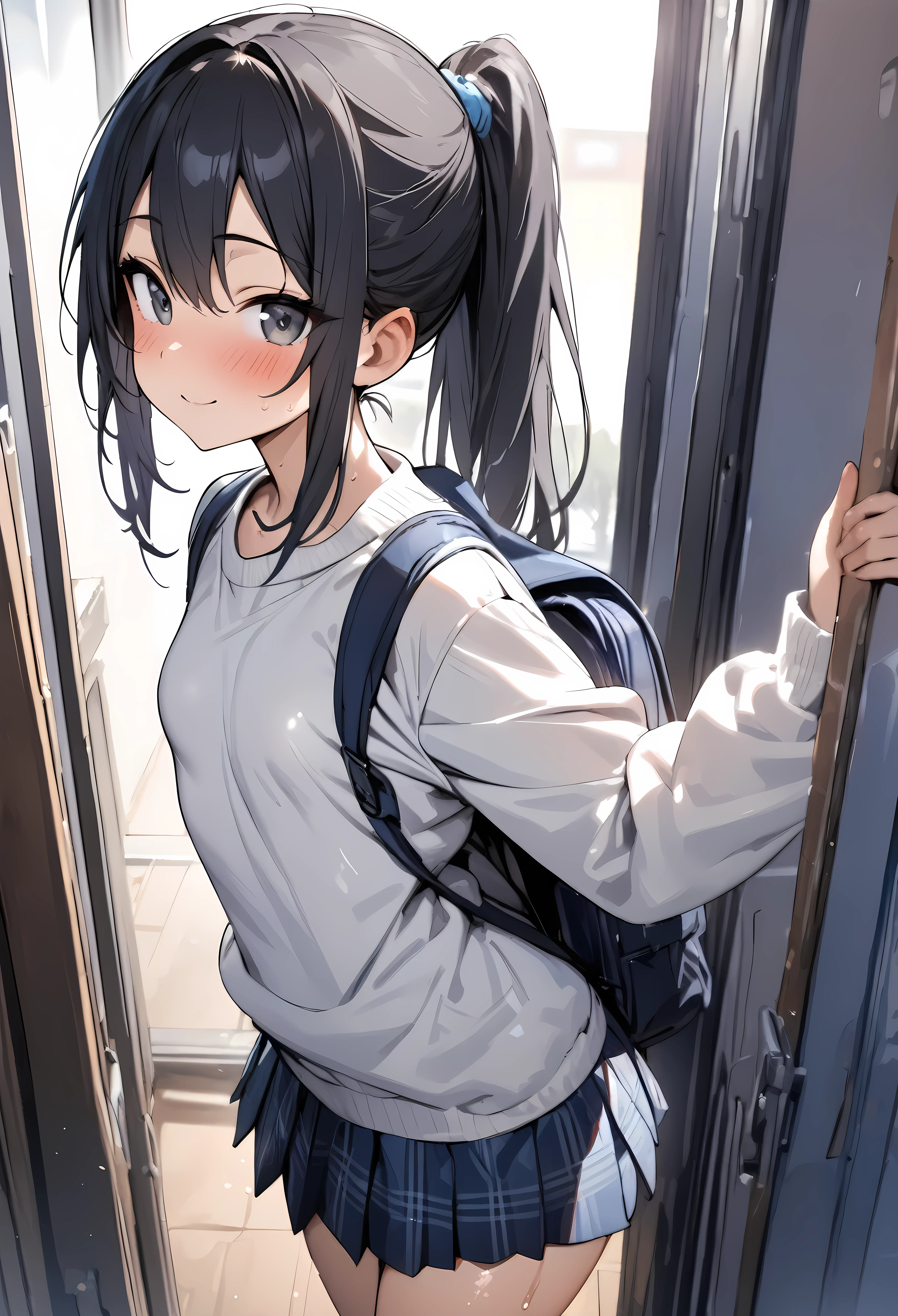(((masterpiece, highest quality:1.2))),14 year old beautiful girl,solo,black hair,long ponytail hair,black eyes,big eyes,blunt,skinny,small breasts,shiny skin,oily skin,blush,smile,White sweatshirt、Pleated mini skirt with navy blue check pattern、rucksack、Going to school、morning、