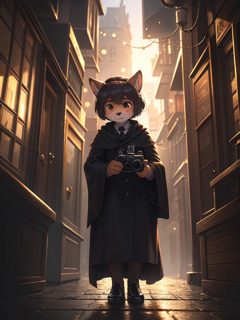 (Extreme Perspective:0.75) , Depth and foreground  , rule of thirds , old Cine Lenses , Bokeh , realistic hairy fur , round face , round eyes , Swollen cheeks , hair ties , 1900s Foggy London city , Sherlock Holmes style movie , A female detective wearing a cloak and Journalist boy with a twin-lens reflex camera , (emerge from the shadows:1.2) , look at away , (peeping out scene) , twin-lens reflex camera