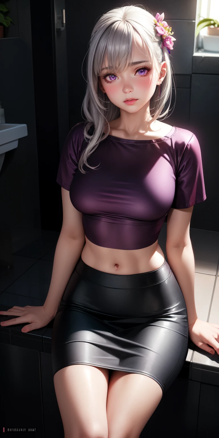 Realistic, One girl, Gray Hair, Purple eyes, Glowing Eyes, Crop top, skirt, Lips parted, blush, night, Flowers, Sitting,toilet,Red Shirt