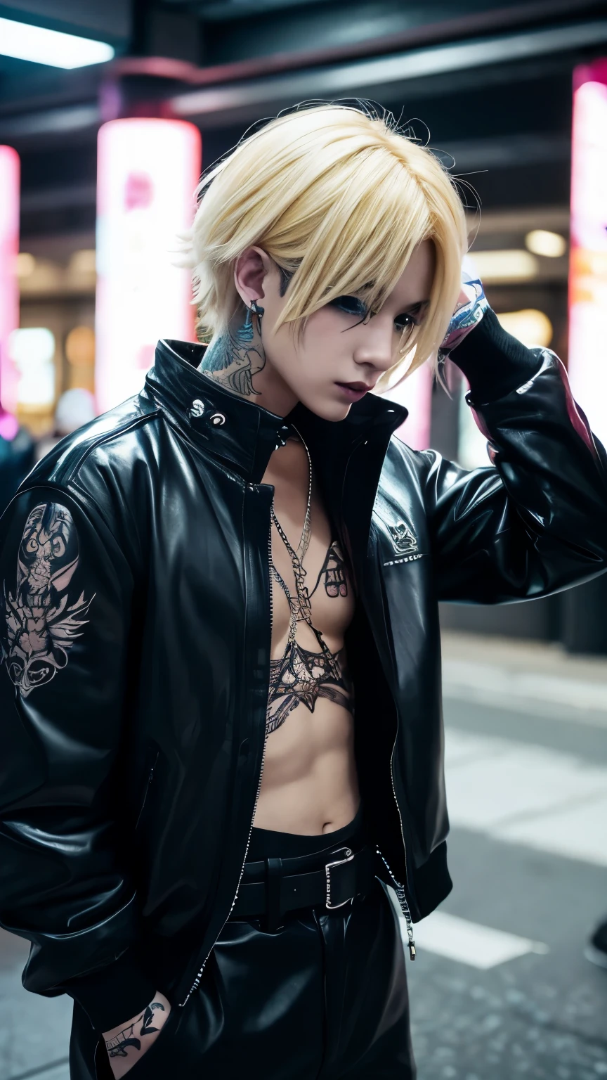 Men's Underground Idol、Blonde gradient、make、Visual Kei、cyber punk、boy、Tattoo