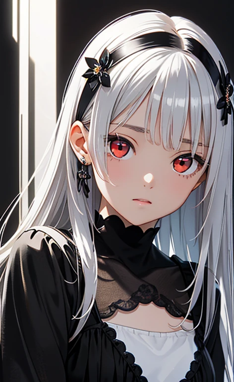 (Photorealistic:1.4)、(masterpiece、Side light、Exquisite beautiful eyes)、(Character Focus、Close to the audience、masterpiece*Portrait)、Real、Cute Face、 3D Face、(Two-tone black and white hair:1.5、Straight Hair、Messy Hair、Color Inner Hair)、(1 Girl)、(Red eyes:1.2)、(Upper Body)、(Sundress)、 (Cute face),(Expressionless:1.5),A kind face,(Small breasts),(Black background:1.5)、Shining Eyes、Flower Hair Clips、 Neat and clean、Adorable、Slim Body(Tareme:1.5),Shiny Hair、Glowing Skin、Nijisketch,MangazydG
