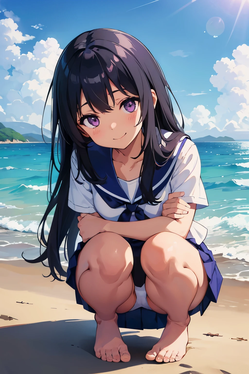 Ocean　The shoreline of the sand　Elementary school girl, 8 years old　A-cup breasts, black hair, long hair, purple eyes　smile　（one person）　White upper body, short-sleeved sailor uniform　Navy blue mini skirt　White panties（（I can see her panties）） barefoot　squatting on the beach　Waves crashing against my feet　 Dynamic angle Low angle