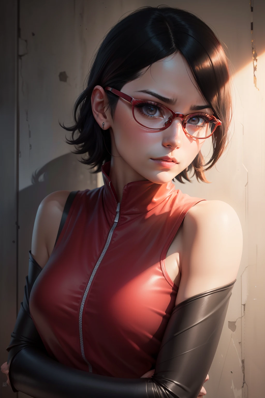(highres,masterpiece:1.2),ultra-detailed,realistic,professional,beautiful detailed eyes,beautiful detailed lips,dark hair,short black hair,red glasses,stunning black eyes,clear skin,18-year-old girl,fashionable short hairstyle,vibrant red glasses,Shinobi Academy,fierce determination,confident posture,crimson outfit,intense gaze,background filled with ninjutsu techniques,shadows cleverly accentuating her features,subtle studio lighting,sublime realism,striking color tones