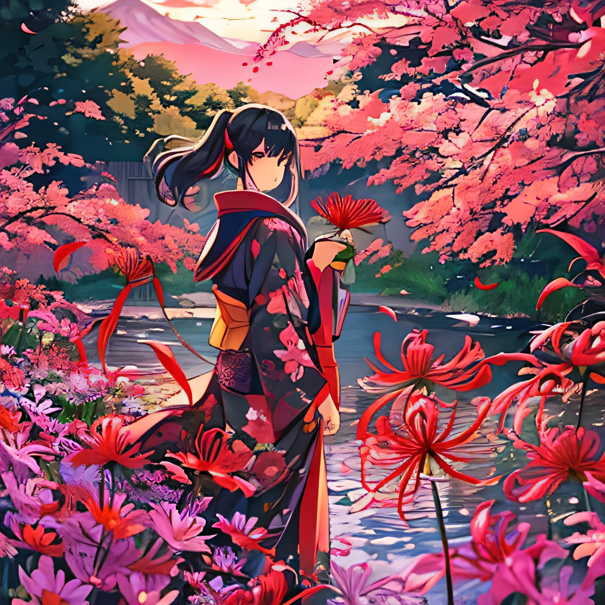 highest quality, Super quality, 16k,  Hell Girl、Very detailed, delicate and dynamic, A crimson sky and rainbow-colored spider lilies blooming on the banks of the Sanzu River、A girl looking at red spider lilies、Black and red Japanese kimono