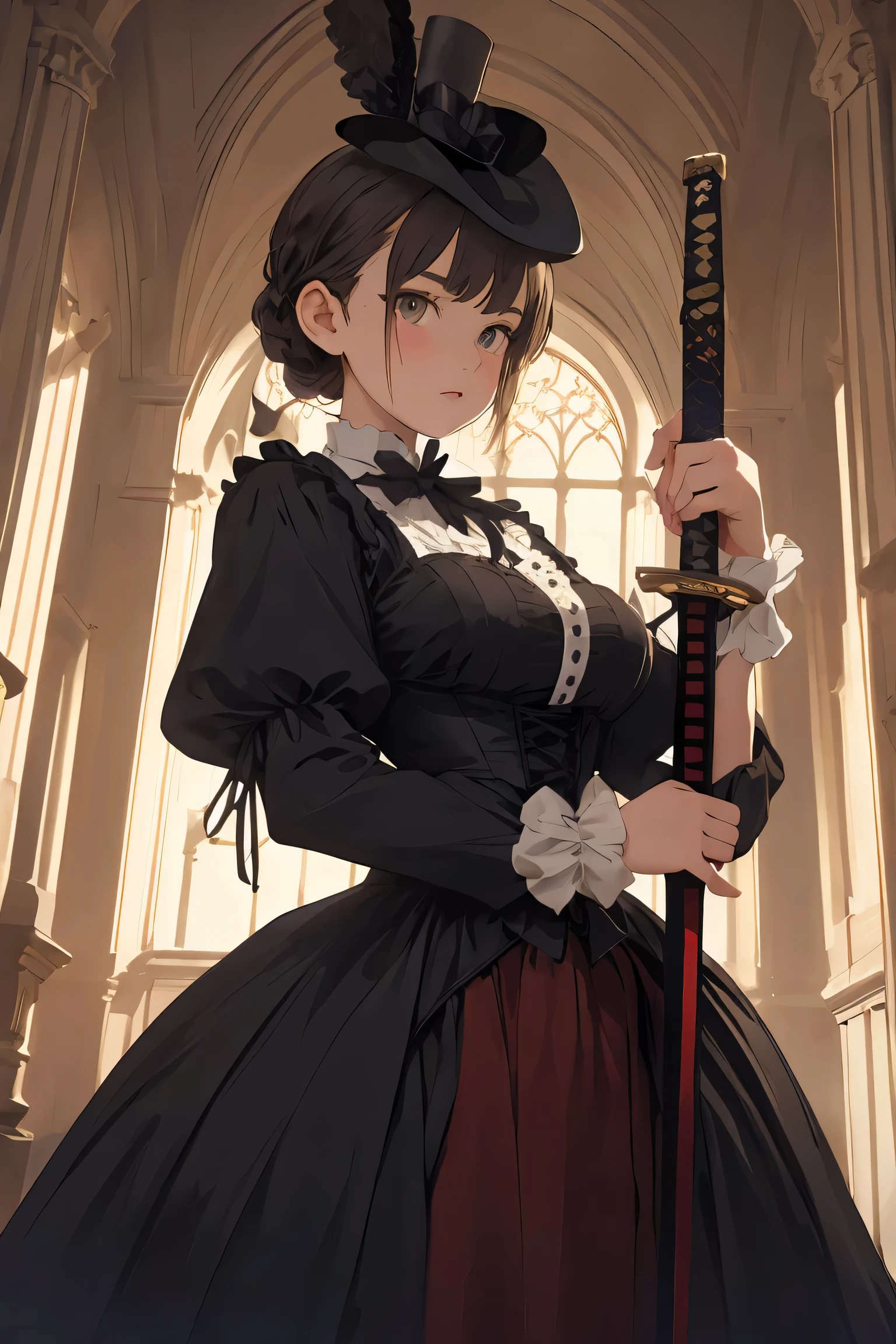 girl in Victorian dress holding a sword