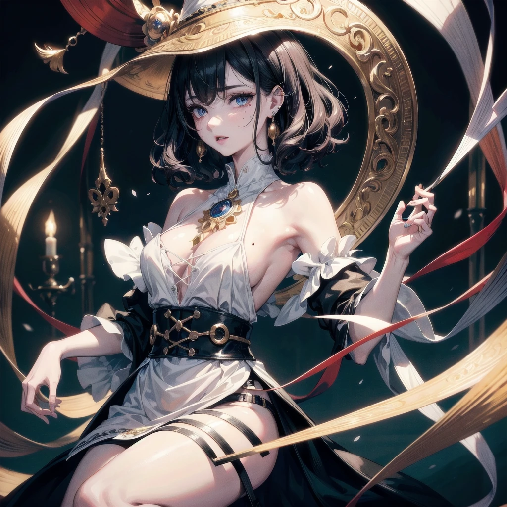 (full body), traditional witch outfit, absurdres, RAW photo, extremely delicate and beautiful, masterpiece, Best Quality, ultra high resolution, 32k, hyperrealistic, ultra-detailed, perfect figure, detailed description, pale skin, 20 years old, detailed beautiful face and eyes, tearful mole, earring, short medium hair, wavy hair,