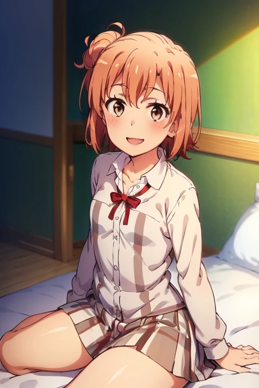 ((highest quality)), ((masterpiece)), (be familiar with), Perfect Face, indoor, Bedroom, Watching the audience,
One woman, Yuigahama Yui,
Open Mouth, Ecstatic expression, blush, smile,
Small breasts, Flat Chest, Young Girl, , , Girl,
Short Hair, Salmon-colored hair, Salmon-colored eyes, Side Pony,
Leg spread,