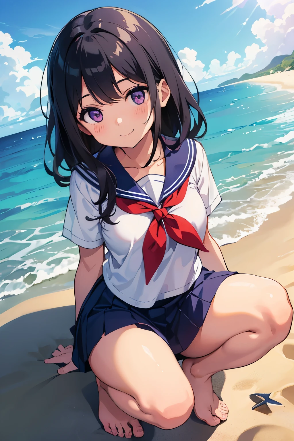 Ocean　The shoreline of the sand　Elementary school girl, 8 years old　A-cup breasts, black hair, long hair, purple eyes　smile　（one person）　White upper body, short-sleeved sailor uniform　Navy blue mini skirt　White panties（（I can see her panties）） barefoot　squatting on the beach　Waves crashing against my feet　 Dynamic angle Low angle