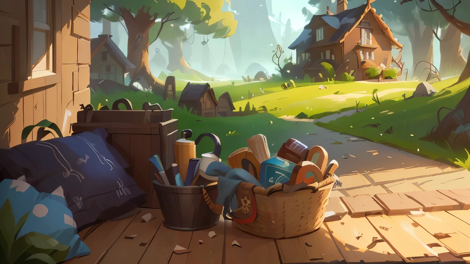 there is a basket of items on the floor in front of a house, stylized concept art, stylized game art, 3 d stylize scene, painted as a game concept art, 3 d render stylized, stylized 3d render, background art, relaxing concept art, stylized painting, stylized as a 3d render, stylized art, tavern background