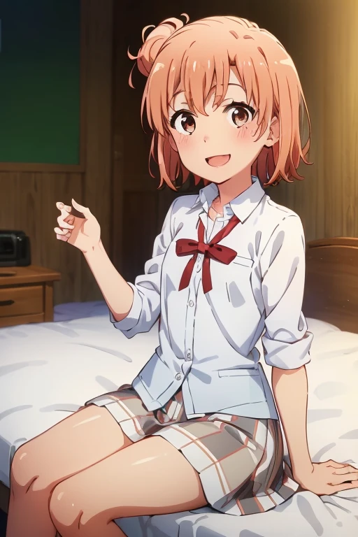 ((highest quality)), ((masterpiece)), (be familiar with), Perfect Face, indoor, Bedroom, Watching the audience,
One woman, Yuigahama Yui,
Open Mouth, Ecstatic expression, blush, smile,
Small breasts, Flat Chest, Young Girl, , , Girl,
Short Hair, Salmon-colored hair, Salmon-colored eyes, Side Pony,
Leg spread,