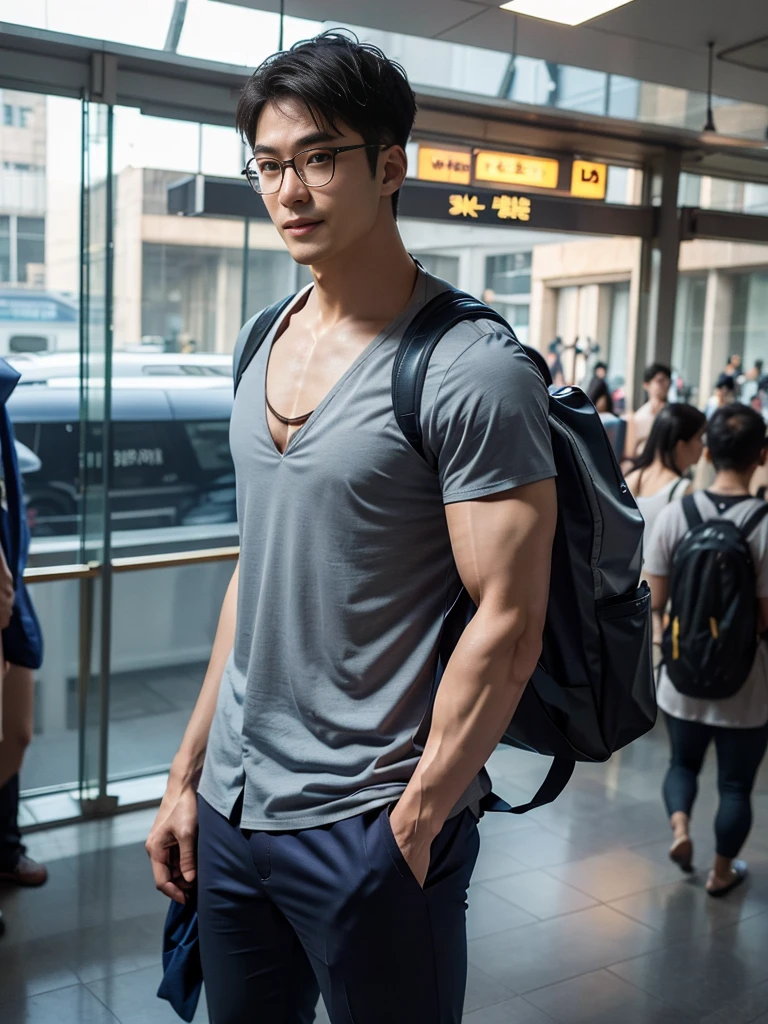 1 man, smile, full body, (Wearing a sexy bikini underwear), standing, lifted arms, Korean people , korean men, (high glossy details), chest muscles, large arm muscles, blood vessel, big muscles, Broad shoulders, looking at the audience, Balancing the eyes, (Wear glasses), (Backpack), The background is a train station.