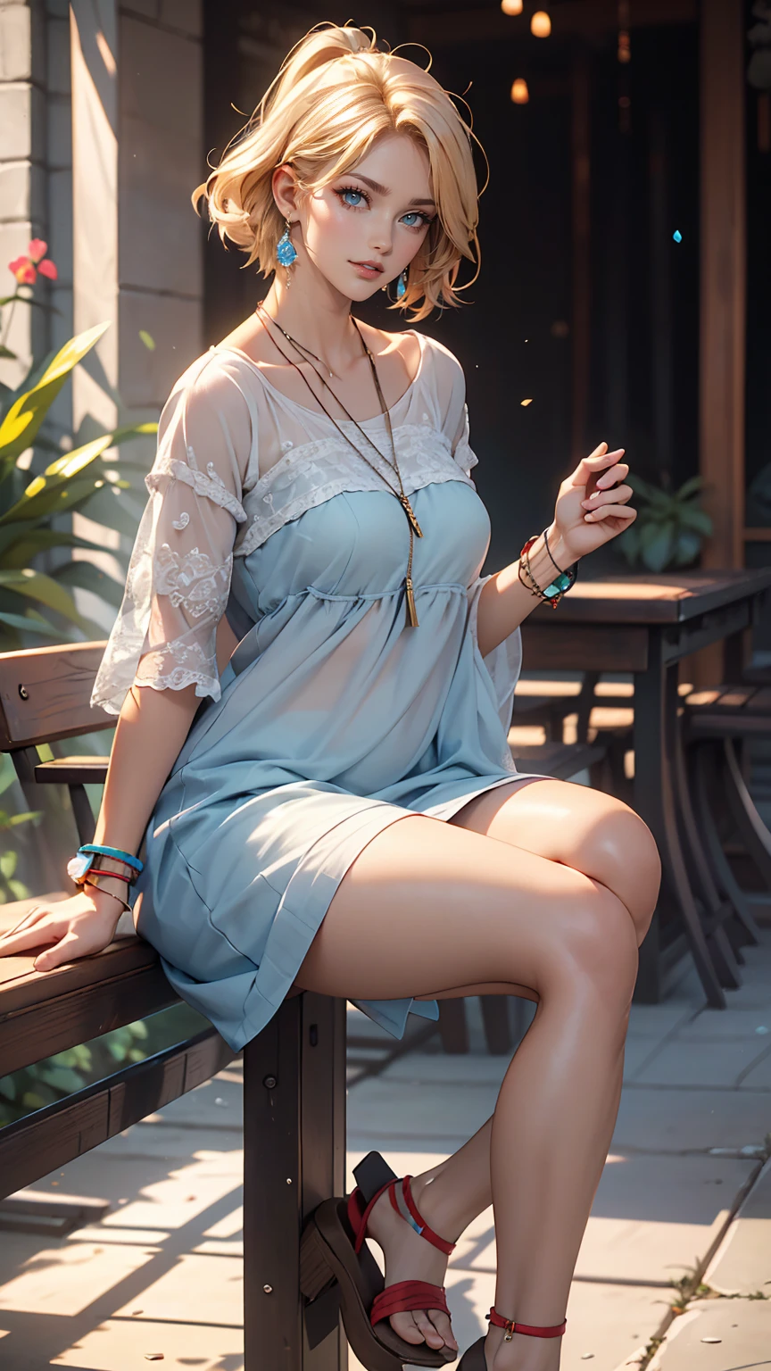 (8K, RAW Photos, highest quality, masterpiece:1.2), (Realistic, photo-Realistic:1.37)、Fashion model body type、Having her hair done、My chest is popping out、Wear accessories on your wrist、Wearing accessories on the ankle、smile、White woman、Platinum Blonde、blue eyes、Two Side Up((hair two side up))、Wear a see-through high-neck zipper-up dress、Wear mules、smile
、Tropical