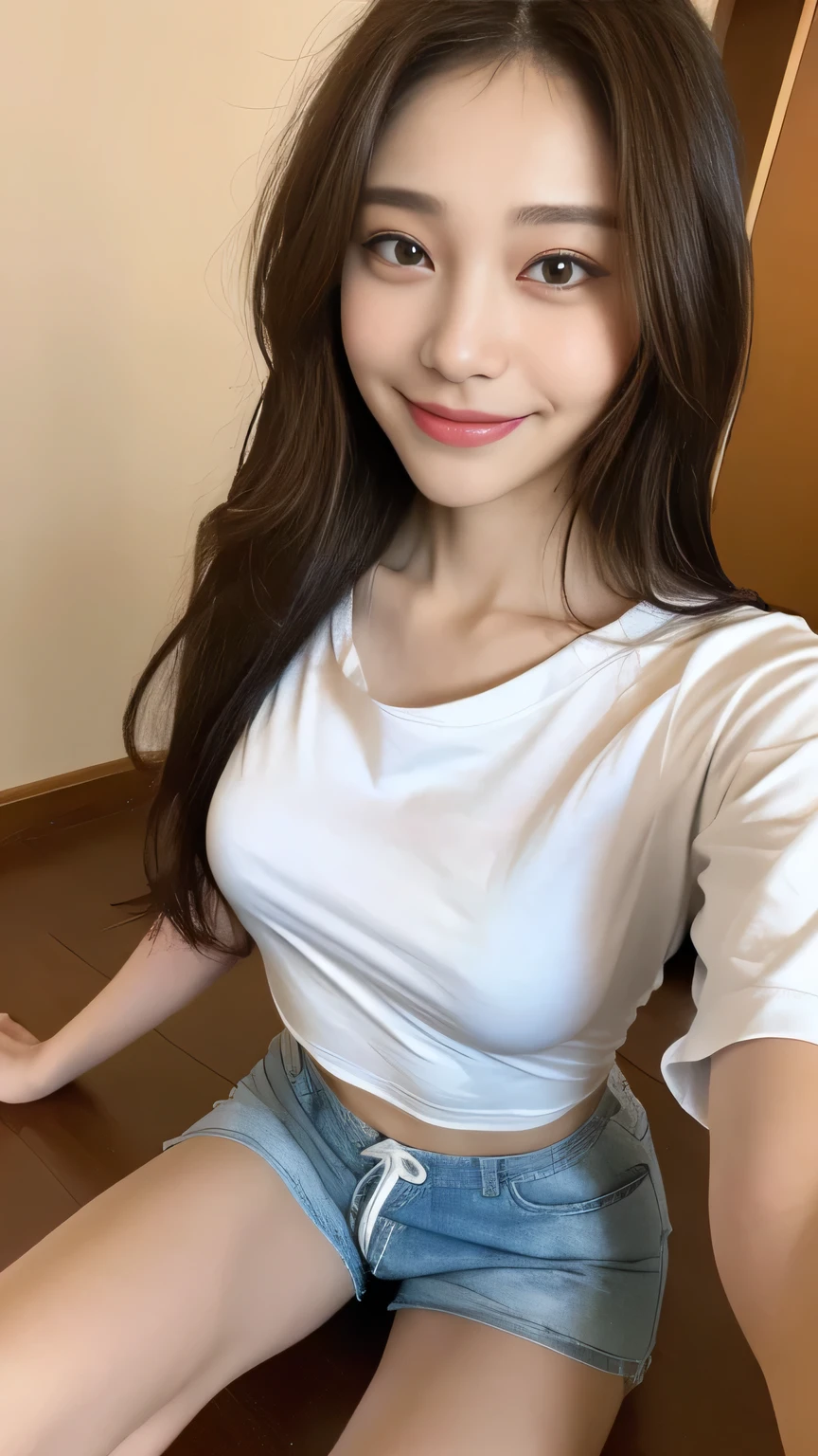 seed:3053359221.Full body angle、((highest quality, 8K, masterpiece:1.3)), concentrated:1.2, Perfect body beauty:1.4, Hips:1.2, ((Delicate Hair)), (Colorful T-shirts、Shorts、pajamas、 :1.1) , ((highest quality、8K、masterpiece:1.3))、1 Girl、A sloppy smile、Esbian all over、Slim face、Big 、Beautiful woman、(Dark Brown Hair)、Long Hair、1.1、Flickering Valley、Detailed eyes、double eyelid、Blurred Background、超Slim face、Smile、Looking down、