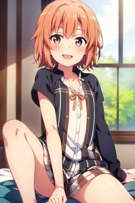 ((highest quality)), ((masterpiece)), (be familiar with), Perfect Face, indoor, Bedroom, Watching the audience,
One woman, Yuigahama Yui,
Open Mouth, Ecstatic expression, blush, smile,
Small breasts, Flat Chest, Young Girl, , , Girl,
Short Hair, Salmon-colored hair, Salmon-colored eyes, Side Pony,
Leg spread,