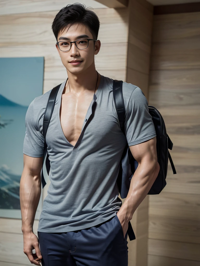 1 man, smile, full body, (Wearing a sexy bikini underwear), standing, shirtless, lifted arms, Korean people , korean men, (high glossy details), chest muscles, large arm muscles, blood vessel, big muscles, Broad shoulders, looking at the audience, Balancing the eyes, (Wear glasses), (Backpack), The background is a beach.