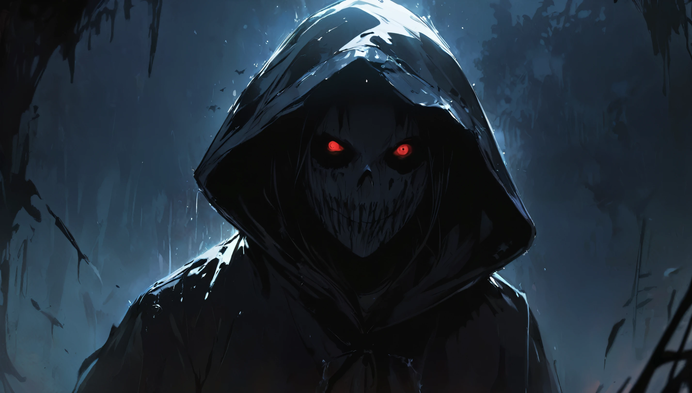 masterpiece, best quality, beautiful illustration, anime style, horror, close up, (Black silhouette in human form with tall hood of splash art), run, upper body, Dark room background,  concept art, Spooky atmosphere, Spooky and terrifying Disturbing, Creeps, landscape painting.